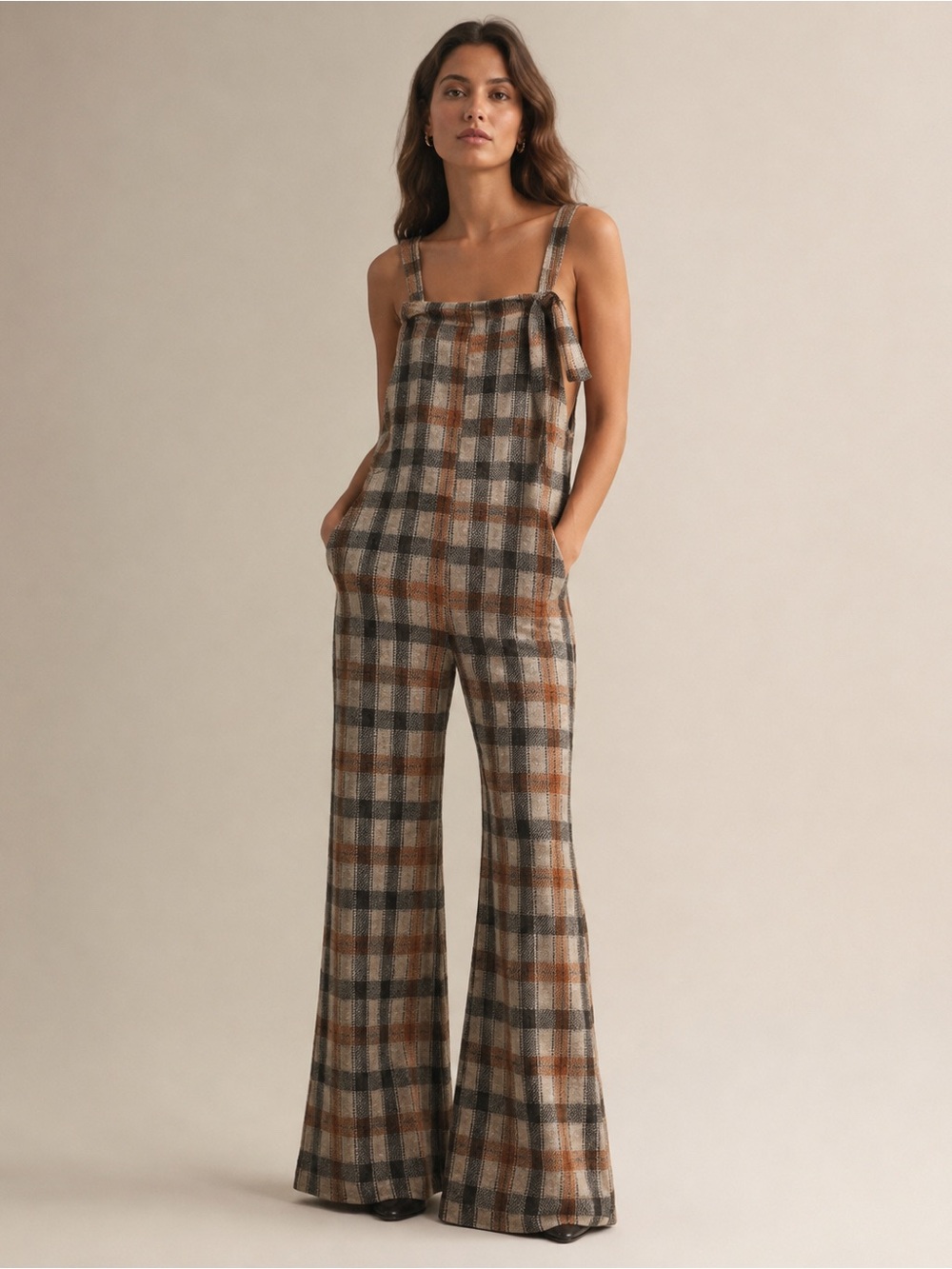 Plaid Wide-Leg Jumpsuit - Brown/Gray